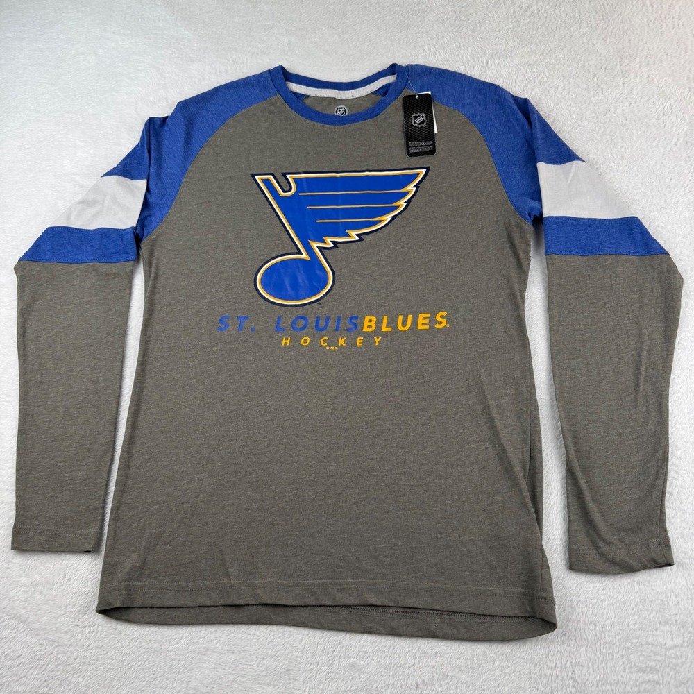 NHL St.‎ Louis Blues Hockey Shirt Mens Medium Grey Blue Raglan Long Sleeve Tee